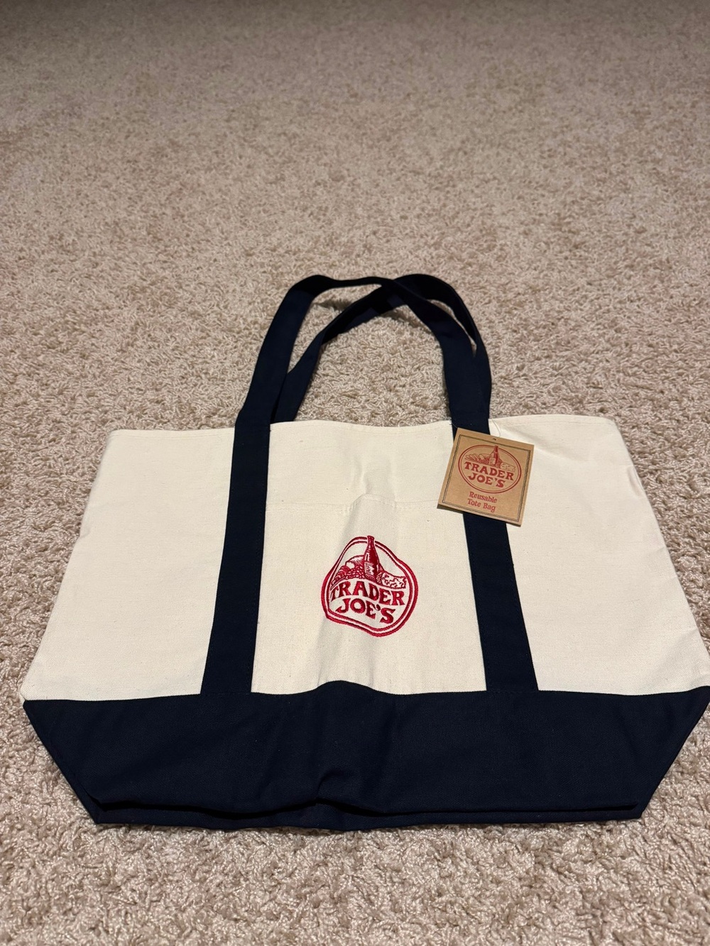 Trader Joe's Women's Canvas Tote Bag in Cream and Navy